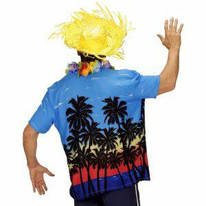 Toppers Blauwe Hawaii Verkleed Blouse met Palmboomprint Voor Heren M/L Widmann Carnavalsblouses